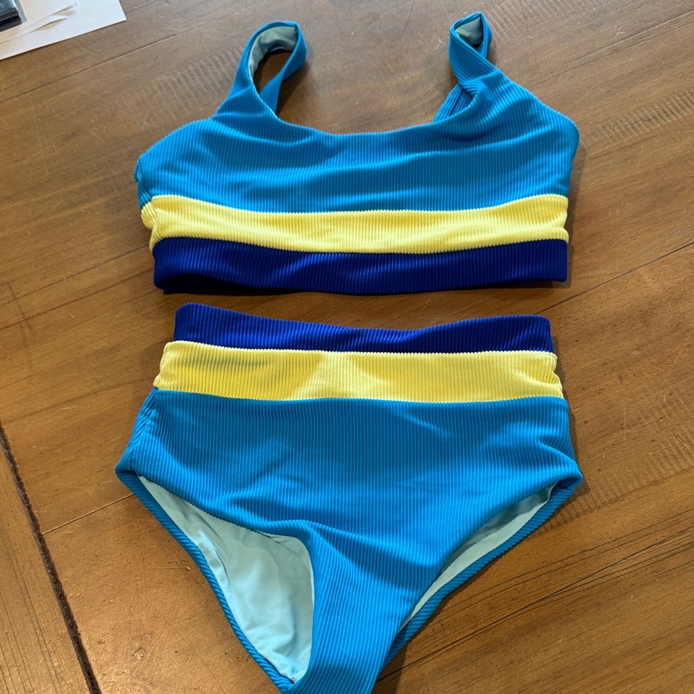 Beach Riot Kids Swim Bikini in Blue and Yellow